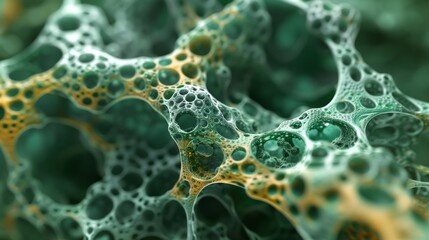A 3D image of a colony of algae cells showcasing their organized arrangement and interconnected structures. - obrazy, fototapety, plakaty