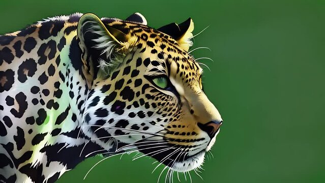 leopard reminiscent of a bold ink stamp on a background of green RGB in the style of illustration illustrated style anime seamless loop animation