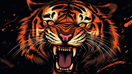Raging tiger art painting in block print style illustration on black background.