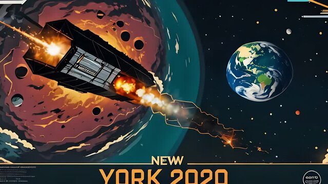 create a poster of the asteroid just missing the earth with words NEW YORK in a vector style with border in a sticker style in the style of seamless loop animation