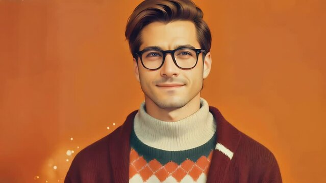 a man with glasses and a sweater man blinking hair gently swaying in the style of photo taken on film film grain vintage seamless loop animation