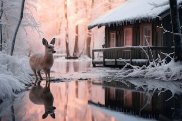 Beautiful winter landscape with a deer in front of a wooden house - Powered by Adobe