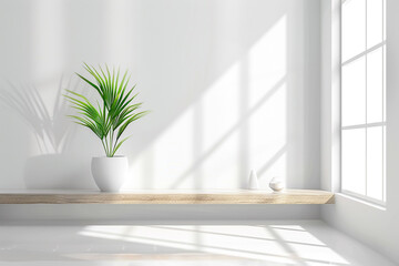 A pristine white room with a single potted plant on a sleek wooden shelf.