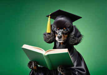 Dog with book on an green background with space for text, education concept.