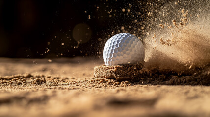Golf ball making impact with the sand, dynamic motion frozen in time.