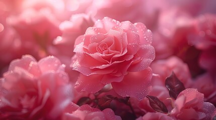 Pink background, pink rose paper flowers scattered around