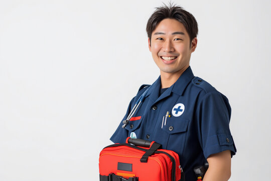 portrait of 25 years old japanese paramedic hold medikit bag. isolated on white background