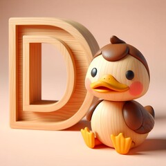 a toy wood duck sit next to a wooden letter D
