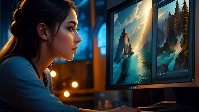 ultra realistic professional graphic designer creating beautiful artwork on computer in the style of seamless loop animation