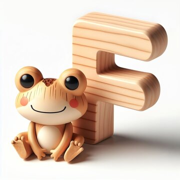 a toy wood frog sit next to a wooden letter F