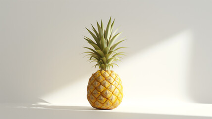 A ripe pineapple bathed in soft light against a neutral backdrop, casting a sharp shadow.