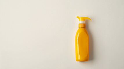 Bright yellow plastic bottle with a pump dispenser on a white background, suggesting a cleaning product or toiletry.