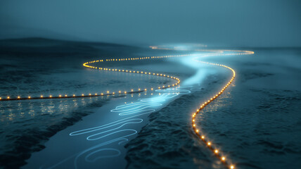 Glowing neon lines on a foggy landscape, creating a path of light in a mystic atmosphere.