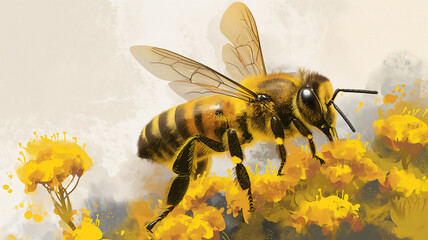 Artistic rendition of a bee on yellow flowers, with a splash of paint effect.