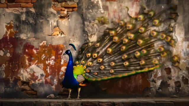 In crumbling ancient ruins, a lone peacock fantastically spreads its plumage wide. The bird's vibrant feather colors, reflecting on the ruin walls, evoke a mystical atmosphere. 