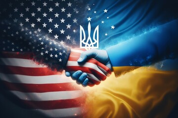 A hand is shaking a hand with flags of USA and Ukraine