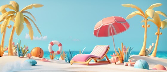 A banner of a 3d illustration of the beach with a sun lounger and an umbrella, summer concept