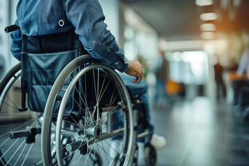 Close up of senior handicapped man sit in wheelchair taken care of in hospital, elderly disability concept

