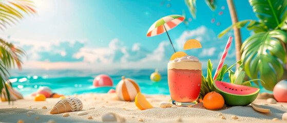 A banner of a 3d illustration of the beach with watermelon juice in the sand, summer concept