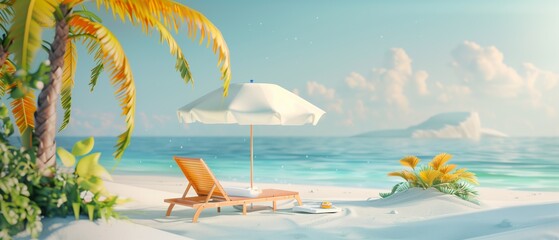 Fototapeta na wymiar A banner of a 3d illustration of the beach with a sun lounger and an umbrella beach, summer concept