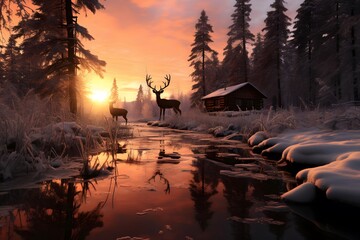 Mountain landscape with a frozen river and a reindeer at sunset