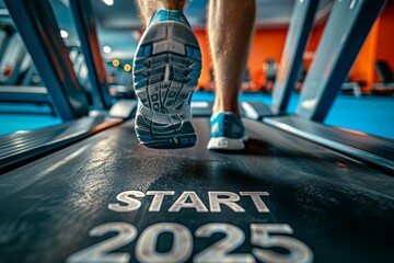 A man is running on a treadmill with the words Start 2025 on the floor