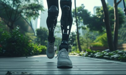 A person with a prosthetic leg is running on a path. Disabled athlete concept - obrazy, fototapety, plakaty