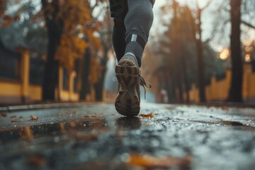 A person is running on a wet road with leaves on the ground - Powered by Adobe