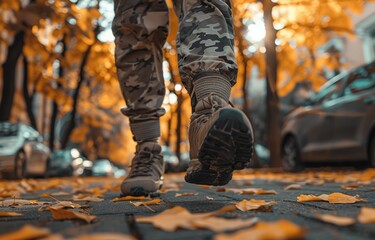 A person in camouflage pants is walking on a sidewalk with leaves on the ground - obrazy, fototapety, plakaty