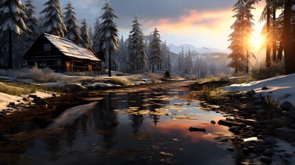 Beautiful winter landscape with a small mountain river and a wooden house