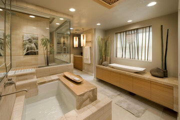 A tranquil bathroom with a Japanese soaking tub and bamboo accents, evoking a sense of calm and...