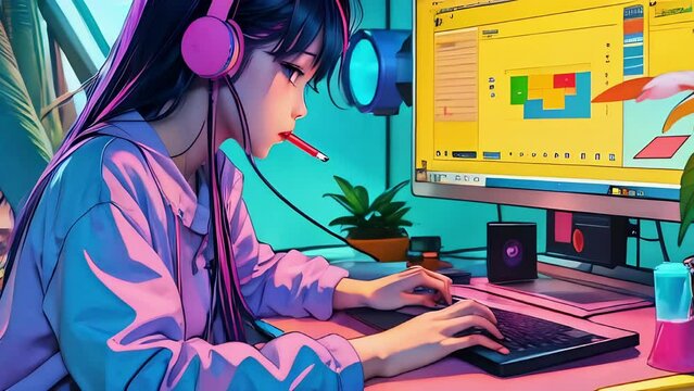 anime web girl work on colorful pc on the big table realist detail colored cartoon style high resolution illustration in the style of seamless loop animation