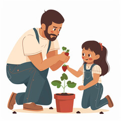 Dad accompanied the little girl to plant strawberry seedlings in the flowerpot