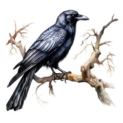 Obraz premium Watercolor crow on tree branch. Hand drawn illustration isolated on white background