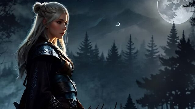 beautiful Norse viking warrior woman moonlight night dark forest behind enigmatic in the style of illustration illustrated style anime seamless loop animation