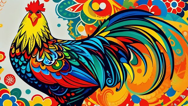 colorful chicken minimal primary colors flat pop art graphics joyous paisley cyan blue green orange yellow mandala epic in the style of seamless loop animation