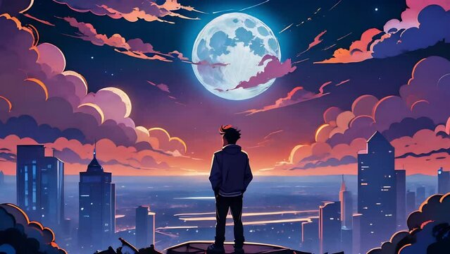 a man in a stands on the city moon sky in the style of illustration illustrated style anime illustration soft glow soft lighting sketch painter seamless loop animation