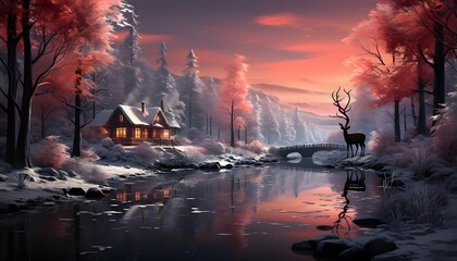 Winter landscape with a house on the bank of the river. Panorama