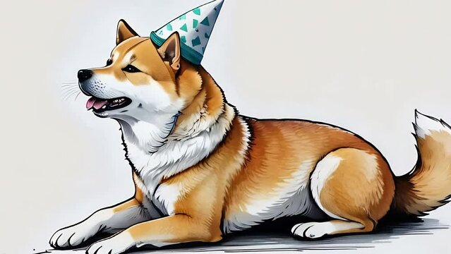 a Shiva in dog sitting down side view wearing a party hat and singing hand drawn simple drawing white background in the style of illustration seamless loop animation