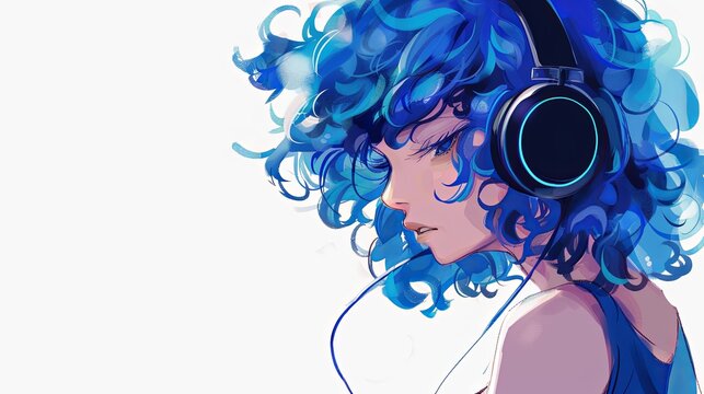 Beautiful girl with blue curly hair and headphones on a white background. Painted effect. anime girl. Illustration