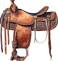 Watercolor illustration of a western saddle isolated.