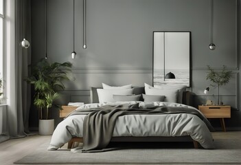 bed panoramic Mockup window bedroom interior Grey poster