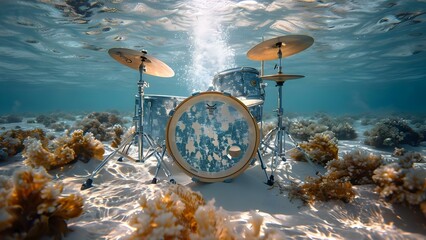 Drum Set Submerged in Ocean: Creating an Underwater Music Concert with Nature. Concept Underwater Music, Drum Set Photoshoot, Ocean Photography, Nature Concert, Creative Ideas