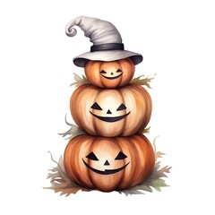 Halloween pumpkins with witch hat isolated on white background. Watercolor illustration