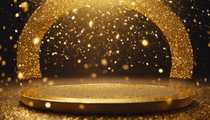 'golden scene podium award sparkle confetti falling rays Gold product platform frame glitter...