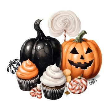 Watercolor halloween pumpkins, candies, cupcakes and sweets.