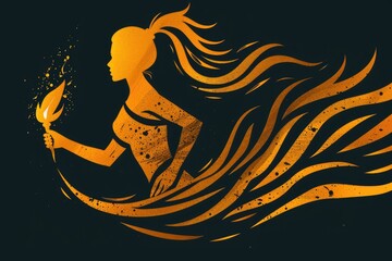 A logo of the girl running with torch, girl holding olympic flame in her hand and is jumping up. Olympic games banner.