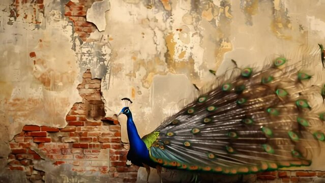 In crumbling ancient ruins, a lone peacock fantastically spreads its plumage wide. The bird's vibrant feather colors, reflecting on the ruin walls, evoke a mystical atmosphere. 