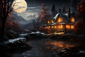 3d render of a house in the forest at night with full moon
