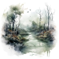 Watercolor illustration of a river in the forest. Hand drawn watercolor illustration.